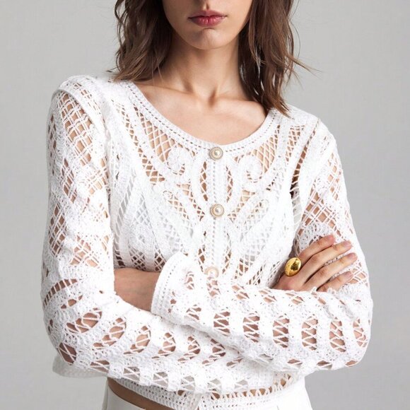 White Casual Women's Crew Neck Long Sleeve Sheer Front Button Up Blouse - Picture 7 of 11